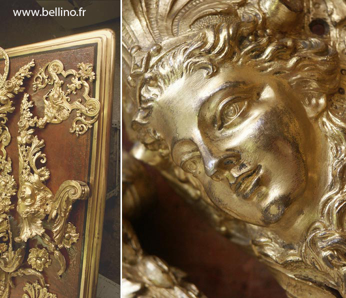 Dorure patinée sur un bureau Louis XIV