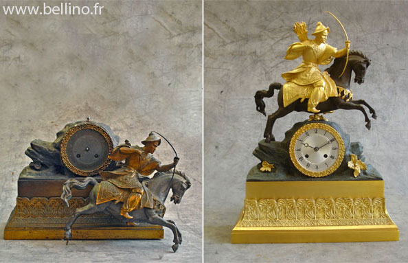 Pendule en bronze doré , argenté, patine brune et verte. Nombreuses réparations . Tous les revêtements ont été refaits.